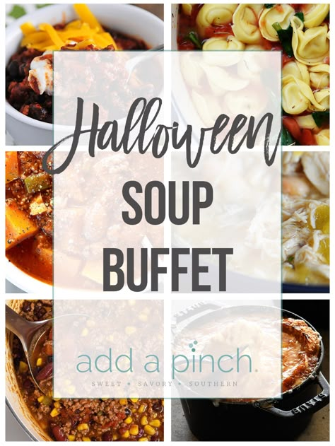 Halloween Crockpot, Soup Bar Ideas, Soup Party Ideas, Soup Buffet, Buffet Menu Ideas, Halloween Soup, Halloween Party Menu, Soup Menu, Soup Party