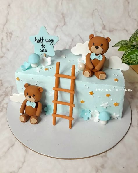 Babies Half Birthday Ideas, Half Birthday Cakes For Boys, 6 Month Birthday Cake Boy Baby, Baby Boy Half Birthday Ideas, Half Birthday Cake Boy, 6 Months Baby Cake, Half Cake Birthday 6 Months, Half Way To One Photoshoot Ideas, 6 Month Birthday Cake