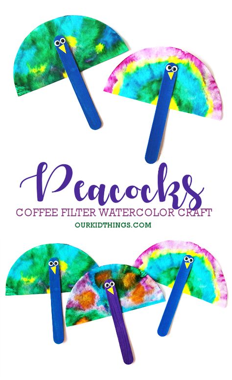 Coffee Filter Watercolor Peacock Craft Coffee Filter Peacock, Coffee Filter Art Preschool, Coffee Filter Animals, Peacock Craft Preschool, Peacock Crafts For Kids, Peacock Birthday, Coffee Filter Art, Watercolor Peacock, Peacock Crafts