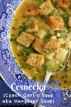 Czech Garlic Soup Recipe, Hangover Soup, Garlic Soup Recipe, Sick Food, Slovak Recipes, Eastern European Recipes, Garlic Soup, Garlic Potatoes, Czech Recipes