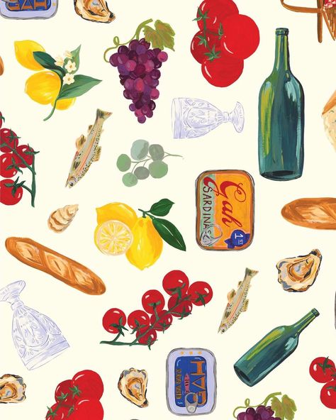 LISA SAYS GAH on Instagram: “🥖🍷🦪🍅🍇🍋 Our Italian Summer print is almost here! Consider this custom print capsule your hot-weather go-to, and a way to transport to the…” Lisa Says Gah Tapas, Vintage Summer Prints, Lisa Says Gah Italian Summer, Cute Summer Patterns, Italian Summer Illustration, Lisa Says Gah Wallpaper, Lisa Says Gah Aesthetic, Italian Summer Food, Italian Summer Nails