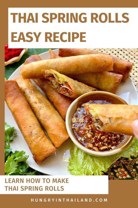 Try this simple Thai spring rolls recipe, filled with vegetables and ready to dip in peanut sauce or sweet chili. They're an easy, fried treat that makes a great appetizer or snack. Spring Roll Dipping Sauce Recipe, Southwest Spring Rolls, Thai Vegetable Spring Rolls, Thai Fried Spring Rolls, Thai Chicken Spring Rolls, Dip For Spring Rolls, Thai Rolls Spring, How To Fold Spring Rolls, Thai Spring Rolls Recipe