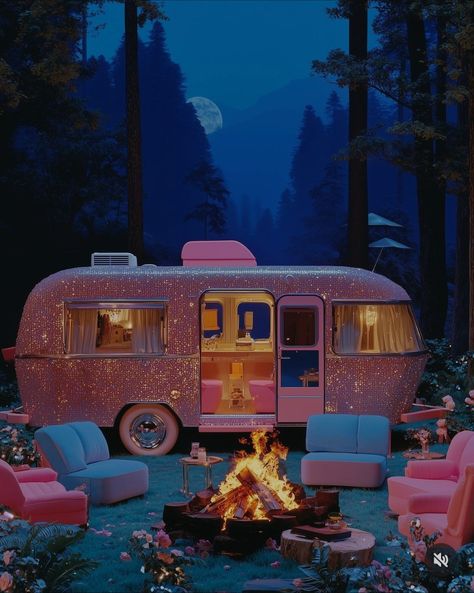 Pink Camping Tent, Pink Trailer Interior, Pink Camping Aesthetic, Pink Airstream, Trailer Aesthetic, Rv Aesthetic, Cute Trailer, Carmen Aesthetic, Animal Crossing Disney