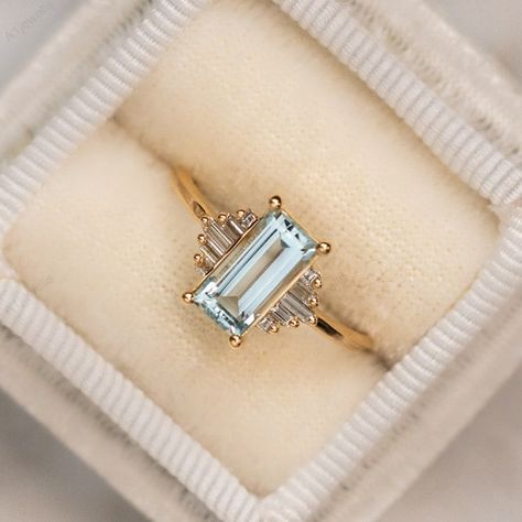 Aquamarine And Opal Engagement Ring, Gold Aquamarine Engagement Ring, Art Deco Gemstone Ring, Engagement Ring Vs Wedding Ring, Aquamarine And Diamond Engagement Ring, Art Deco Rings 1920s, Emerald Gold Engagement Ring, Artsy Engagement Rings, Tapered Baguette Engagement Ring