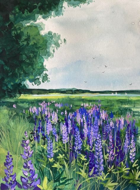 Sunlight in the forest, watercolor : r/Watercolor Sumer Landscape, Dragon Mother, Gauche Painting, Plant Paintings, Lupine Flowers, Camden Maine, Acrylic Flower Painting, Forest Watercolor, Grass Painting