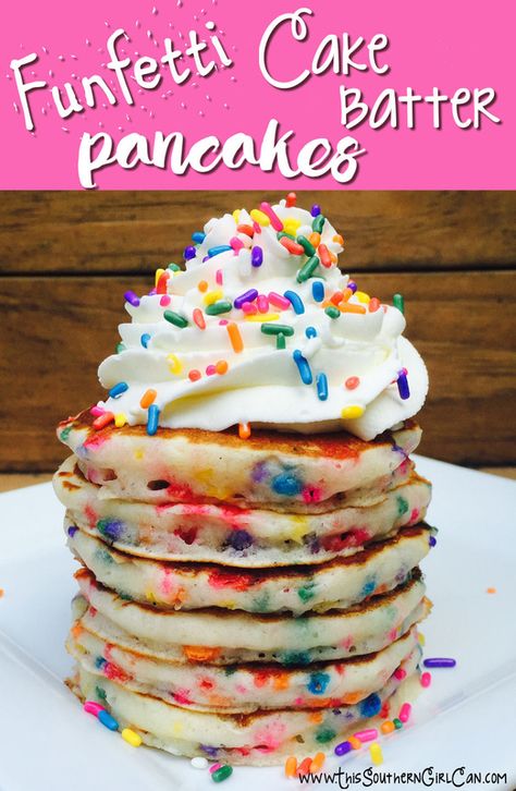 Funfetti Pancakes With Cake Mix Easy, Birthday Pancakes For Kids, Fun Pancakes For Kids, Birthday Breakfast Kids, Unicorn Pancakes, Confetti Pancakes, Cake Batter Pancakes, Birthday Cake Pancakes, Funfetti Pancakes