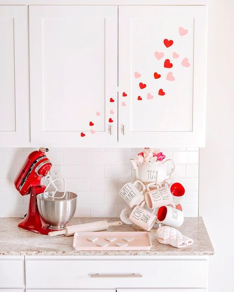 Jen Kelley on Instagram: “This little corner of the kitchen is my favorite ❤️🤍 . . . . . . . . . . ⠀ #lovelydecorhomes34h #valentines #valentinesbaking…” Things To Do At A Valentines Day Party, Valentines Kitchen Cabinet Decor, Valentine Kitchen Cabinet Decor, Valentine Cabinet Decor, Valentines Day Decorations Kitchen, Valentines Cabinet Decor, Valentine Day Home Decor Ideas, Kitchen Valentines Day Decor, Valentine Coffee Bar Ideas