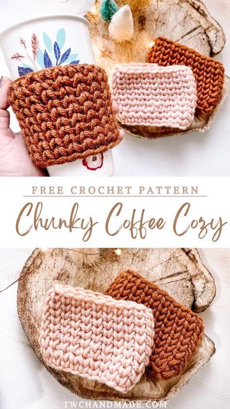 Chunky Coffee Cozy-Crochet Pattern - Tender Warm Creations Fall Mug Cozy Crochet, Chunky Crochet Coffee Cozy, Yarn And Coffee, Crochet Fall Cup Sleeve, Crochet Mug Cozy Patterns Free, Free Coffee Cozy Crochet Pattern, Crochet Fall Cup Cozy, Crochet Coffee Sleeve Pattern, Crochet Fall Cup Cozy Free Pattern