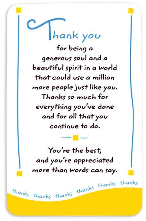 PRICES MAY VARY. Heartfelt sentiment: A short and sweet expression of appreciation for a generous soul who has done so much and for all they continue to do Great addition to any card and gift: Perfect graduation, birthday, thinking of you, or stocking stuffer gift to brighten someone’s day Small gift makes a big impression: This 3. 4. -X-2. 1-In. Wallet card is the size of a credit card; it’s made of durable plastic and features vibrant colors, raised accents, and a place to write “to” and “from Thank You Messages Gratitude, Teacher Mentor, Sweet Expression, Special Friend Quotes, Short Instagram Quotes, Words Of Appreciation, Thank You Quotes, Card Sayings, Thank You Messages