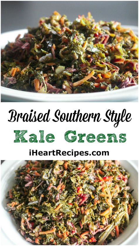 How to make Delicious braised southern, soul food style kale greens seasoned with smoked turkey, peppers, onions, and more! Usually when I’m requested to share a southern greens recipe, It&#8… Kale With Smoked Turkey, Kale Collard Greens Recipe, Kale Greens With Smoked Turkey, Southern Kale Greens, Kale And Collard Greens Recipes, Kale Greens Recipe Southern, Kale Greens Recipe, Crockpot Kale, Southern Greens Recipe