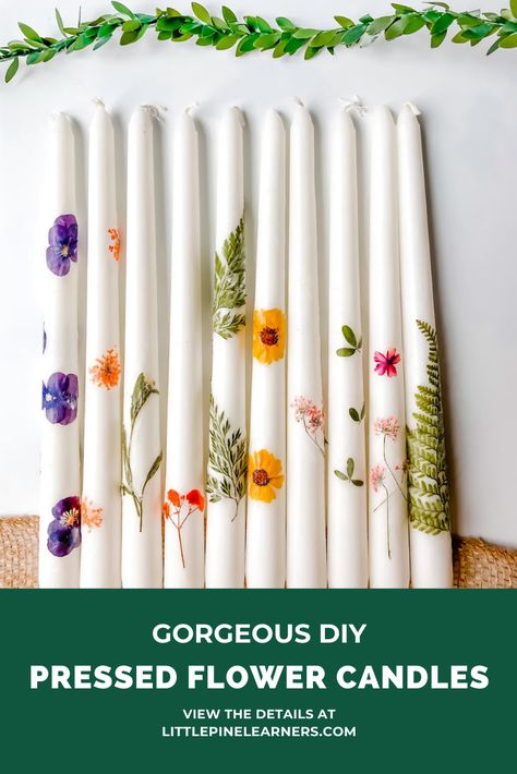 Candles With Wax Flowers, Pressed Flower Taper Candle, How To Hand Paint Taper Candles, How To Decorate Candles With Flowers, Decorate Taper Candles, Floral Taper Candles, Dried Flowers On Candles, Floral Candles Diy, Flowers In Candles