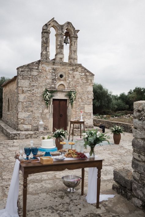 Wedding Flowers Decorations, Church Entrance, Stone Chapel, Elegant Bridal Bouquets, Greek Islands Wedding, Second Marriage, Greek Tradition, Ceremony Chairs, Wedding Cake Roses