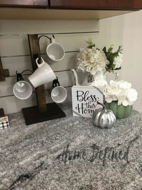 Glam Farmhouse Kitchen, Coffee Area Ideas, Open Concept Decor, Painting Ideas Home Decor, Kitchen Cabinets Island, Writing On Mugs, Sharpie Coffee Mugs, Dollar Store Diy Decor, Mug Shelf