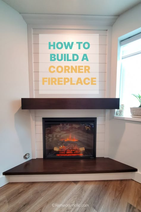 This corner fireplace is a great build to add style and extra warmth to any corner of the house. The electric fireplace insert makes the install so easy and is much less expensive than adding a gas fireplace, and the shiplap fireplace surround and hidden storage mantel hide all the cords for the TV above the fireplace. Get the full woodworking plans and tutorial at Remodelaholic.com Corner Built In Fireplace And Tv, Corner Fireplace Insert Ideas, Corner Fireplace With Mantle, Diy Corner Fireplace With Tv, Corner Electric Fireplace Ideas With Tv, Corner Fireplace Remodel, Angled Fireplace Living Room, Diy Corner Fireplace, Built In Fireplace And Tv Diy