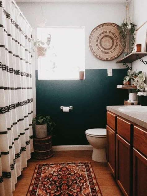 Boho Witch Bathroom, Wallpaper Bathroom Boho, Bathroom Ideas Western Boho, Boho Spare Bathroom, Masculine Boho Bathroom, Navy And Rust Bathroom, Boho Black Bathroom Decor, Colorful Bathrooms Boho, Moody Bathroom Rental