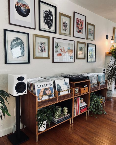 Another shot from @lukegabrieli Bought 3 units? Bought 1? Send us a photo of your setup, we love to see them all! #recordconsole #records #vinyl #mcm #midcenturymodern #furniture #walnut #recordcabinet #bohemian #vinylcabinet #recordstorage #recordstorage #music #lp #fyp #recordcollection #vinylcollection #homedecor #design #midcentury #alexlahey Apartment Vinyl Record Collection, Photo Frame Display Ideas, Vinyl Record Bookshelf, Records Display Ideas, Boho Music Living Room, Vinyl Display Aesthetic, Book And Vinyl Shelf, Mid Century Modern Recording Studio, Living Room Record Player Spaces