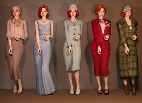 Skirt Shoes Outfit, Sims 4 Vintage Glamour, 30s Hair, Sims 4 Decades Challenge, 30s Dress, The Sims 4 Pc, Hair Hat, Sims 4 Mm Cc, Sims 4 Dresses