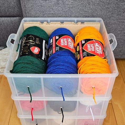 One of my favorite #diy yarn storage hacks. #crafting #crochet #crochetcontent #crochetersofinstagram #handmade #crochetinspiration #crocheting #budgie #yarn #yarnstorage #redheartyarn Yarn Box Diy, Cute Yarn Storage, Diy Yarn Storage, How To Organize Yarn Stash, Yarn Dispenser, Left Over Yarn Storage, Chrochet Storage Made From Crochet, Yarn Box, Diy Yarn