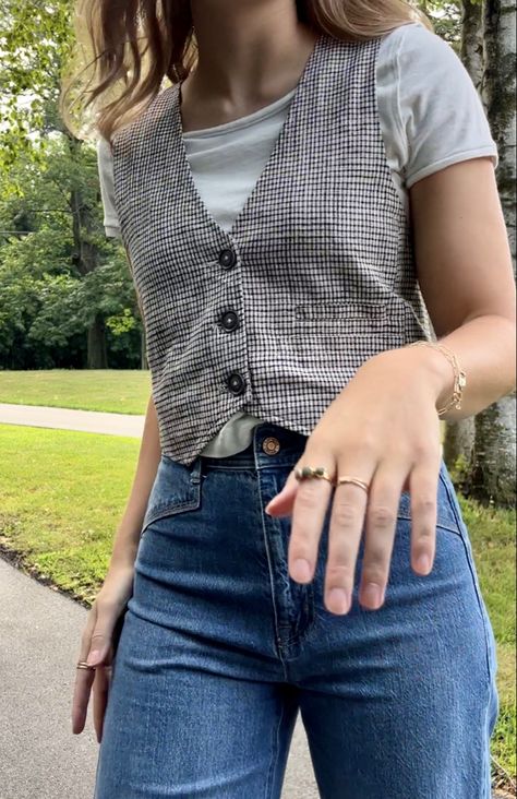 Professional Thrift Outfits, Fall Outfits 2023 Thrift, Jeans And A Vest Outfit, Vest Over Blouse Outfit, Underbust Vest Outfits, Teacher Cool Outfits, Free People Fall Outfits 2023, Layered Henley Outfit, Jean Vest Dress Outfit