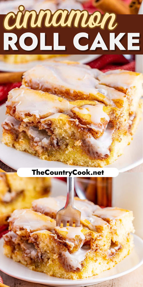 This Homemade Cinnamon Roll Cake dessert has all the flavor of a cinnamon roll but in an easy cake with a vanilla icing drizzled on top! Peaches And Cream Dessert Recipes, Dessert Cakes Easy, Quick And Easy Homemade Desserts, Cinnamon Roll Gooey Butter Cake With Cream Cheese Drizzle, Cinnamon Easy Desserts, Vanilla Cake Dessert Ideas, Homemade Cinnamon Roll Cake, Lovebakesgoodcakes Recipes, Quick And Easy Baking Recipes Simple