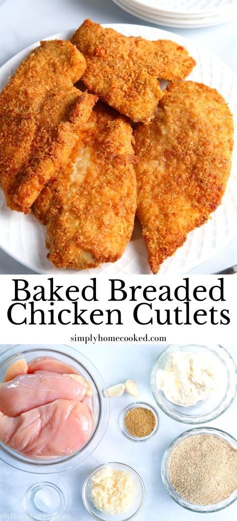 These Baked Breaded Chicken Cutlets are crisp and flavorful. Moist and tender on the inside, this chicken dish has all the tastiness of fried chicken without any of the greasiness. Chicken Thigh Recipes Breaded, Light Breaded Chicken, Bread Crumb Chicken Recipes, Best Panko Chicken, Baked Chicken Bread Crumbs, Chicken Cutlets Recipes Baked, Homemade Chicken Cutlets, Breaded Chicken Patty Recipes, Shallow Fried Chicken Cutlets