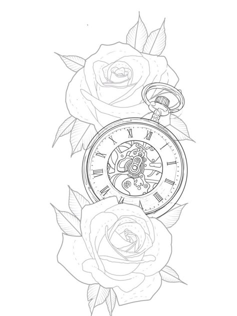 Roses And Pocket Watch Tattoo Design, Rose And Clock Tattoo Stencil, Clock Rose Tattoo Stencil, Rose And Clock Tattoo Design, Roses And Clock Tattoo Design, Pocket Watch Outline, Rose Clock Tattoo Design, Watch Tattoo Stencil, Clock Rose Tattoo Design