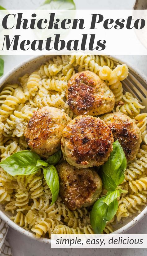 These Chicken Pesto Meatballs are juicy, flavorful, and easy to make! Serve them with pasta and sauce for a classic family dinner, or add them to a big bowl of greens and veggies for a nutritious, protein-packed lunch. Flavored Meatballs, Pesto Meatballs, Pasta And Sauce, Chicken With Italian Seasoning, Chicken Pesto, Packed Lunch, Recipes Appetizers And Snacks, Quick Weeknight Meals, Easy Pasta Recipes