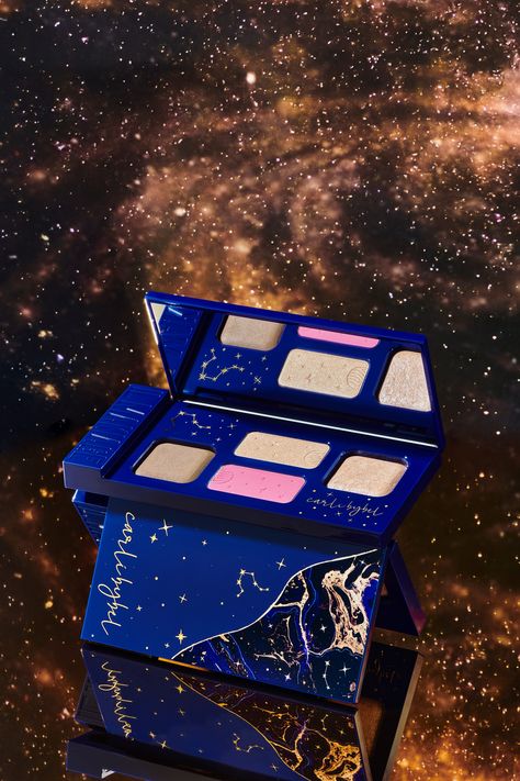 Carli Bybel, galaxy, astrology, space aesthetic, celestial, stars, face palette, bronzer, blush, highlight Themed Makeup Products, Aesthetic Celestial, Cosmetic Aesthetic, Themed Makeup, Pr Kit, Celestial Stars, Carli Bybel, Outer Space Theme, Space Aesthetic