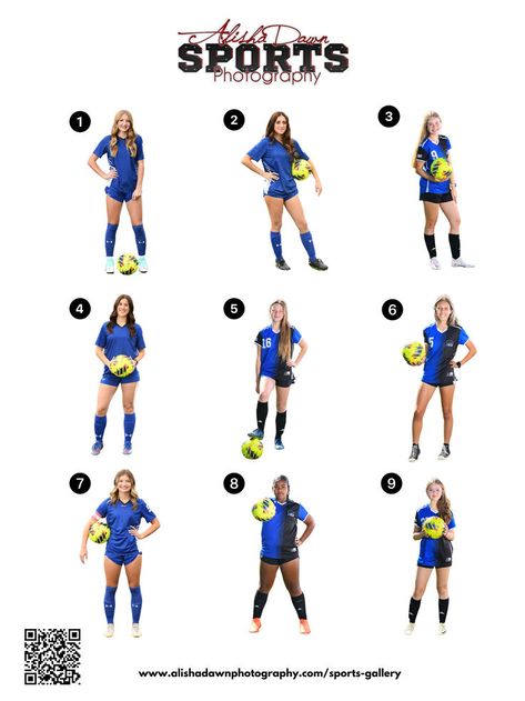 Posing guide of 9 soccer poses for players. Printable poster for volume sports photography. Youth Soccer Pictures, Soccer Picture Ideas, School Sports Posters, Cute Soccer Pictures, Soccer Photography Poses, Soccer Team Pictures, Soccer Photoshoot, Soccer Player Workout, Soccer Senior Pictures