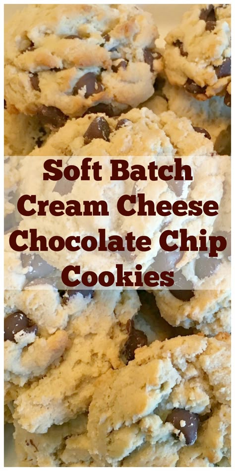 SOFT BATCH CREAM CHEESE CHOCOLATE CHIP COOKIES - Soft, chewy, loaded with semi-sweet chocolate chips! A winning recipe for cookie lovers!  |  SweetLittleBluebird.com Cream Cheese Chocolate Chip, Cream Cheese Chocolate Chip Cookies, Soft Batch, Galletas Keto, Cream Cheese Desserts, Postre Keto, Soft Chocolate Chip Cookies, Cream Cheese Cookies, Cheese Cookies