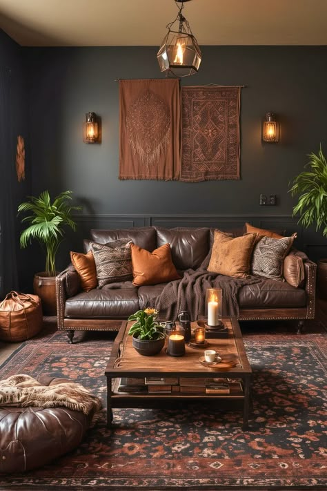 25 Moody Boho Living Room Ideas – The Crafty Hacks Earth Tone Decor Living Room, Boho Rooms, Dark Living Room Ideas, Moody Boho, Western Living Room, Living Room Decor Brown Couch, Moody Living Room, Leather Couches Living Room, Brown Couch Living Room