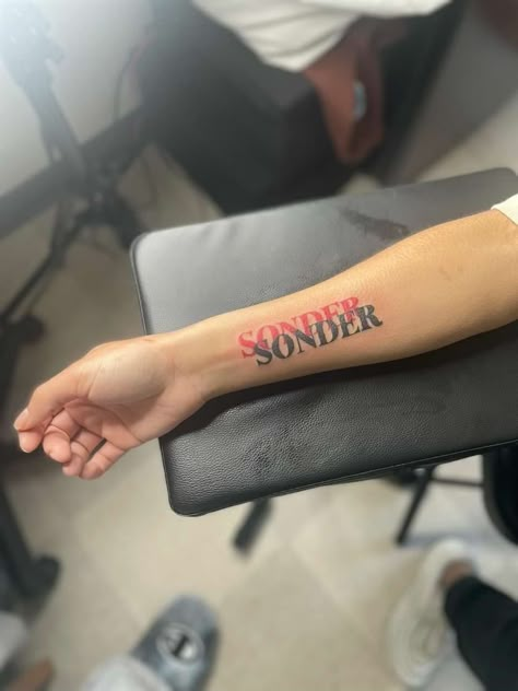 Tattoo Red Ink Tats, Prevail Tattoo, R&b Tattoo, Brent Tattoo Ideas, Brent Tattoo, Red Tattoo Black Skin, Sonder Tattoo Brent, Tattoo Red Ink, Red Word Tattoo