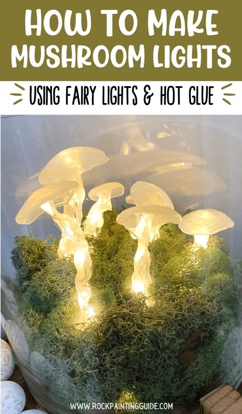 Enchanted Tea Party Ideas, Led Mushroom Lights Diy, Diy Mushroom Lights Fairies Garden, Diy Mushroom Fairy Lights, Magical Forest Decorations Diy, Hot Glue Mushrooms Fairy Lights, Fairy Lights Diy Ideas, Easy Enchanted Forest Decorations, Hot Glue Fairy Lights