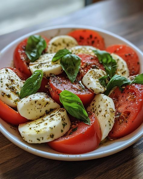 Everyone loves this Caprese Salad! It's so fresh and colorful, it feels like summer on a plate!  Ingredients:  - Fresh mozzarella cheese - Ripe tomatoes - Fresh basil leaves  For the complete recipe and instructions, visit the link in first comment [👇] [👇]  This Caprese Salad is perfect for a sunny day or any gathering! You'll love how simple and delicious it is. Pair it with some crusty bread or enjoy it on its own.   #CapreseSalad #FreshBasil #Mozzarella #HealthyEating #ItalianCuisine Caprese Salad With Prosciutto, Vegetarian Dinner Aesthetic, Mozzarella Dishes, Tomato Meals, Good Salad Recipes, Caprese Salad With Pesto, Recipe With Mozzarella, Mozzarella Tomato Basil, Tomato And Mozzarella Salad