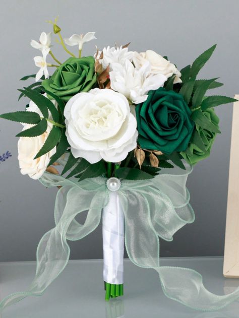 1 Bouquet Wedding Bouquets For Bride Bridesmaid Artificial Roses Flowers Bridal Bouquet For Rustic French Vintage Formal Wedding Home Decoration 11.41in,Party Birthday,Valentine'S Day,Mother'S Day GiftI discovered amazing products on SHEIN.com, come check them out! Prom Bouquet, Wedding Home Decoration, Green Bouquet, Army Gifts, Teal Wedding, Green Home Decor, Green Home, Artificial Roses, Bouquet Wedding