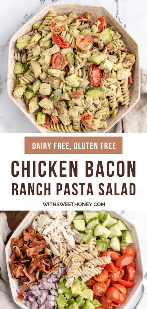 This delicious chicken bacon ranch pasta salad is made with tender chicken, crispy bacon, and creamy homemade ranch dressing. It’s also completely dairy free and gluten free! Whether you're hosting a summer barbecue, attending a potluck, or simply craving a satisfying lunch, this salad is sure to impress. Chicken Back Ranch Pasta, Gluten Free Pasta Salad With Chicken, Potluck Dairy Free, Gluten And Dairy Free Lunches, Pasta Salad Recipes Gluten Free Dairy Free, Easy Dairy Free Meals Lunch Ideas, Gluten And Dairy Free Recipes For Lunch, Gluten Free Large Group Meals, Dairy Free Snack Ideas