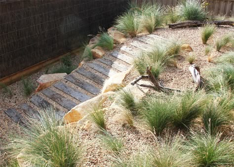 Gravel and sleeper path through dune setting. Sleeper Path, Dune Garden, Beach Theme Garden, Native Garden Ideas, Sustainable Garden Design, Cornwall Garden, Beach House Garden, Australian Garden Design, Small Garden Landscape