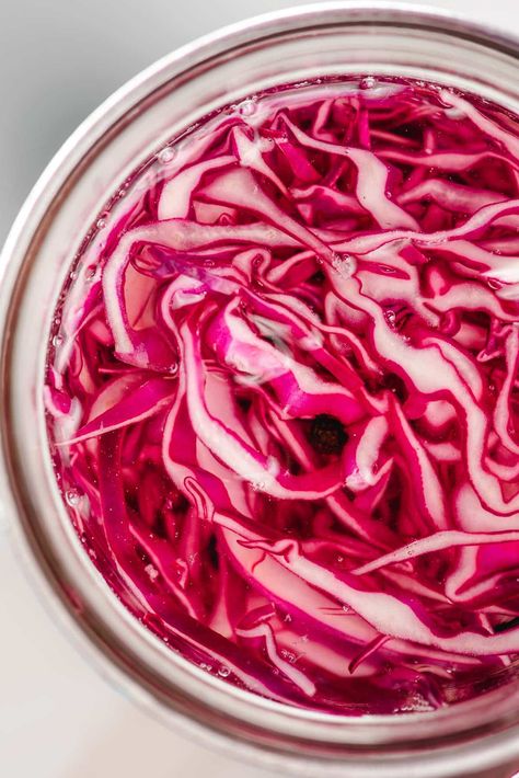 Quick Pickled Red Cabbage (and onions!) Red And White Cabbage Recipes, Pickled Purple Cabbage, Pickled Red Cabbage Recipe, Cabbage And Onions, Pickled Red Cabbage, Red Cabbage Recipes, Quick Pickled, Pickled Cabbage, Purple Cabbage