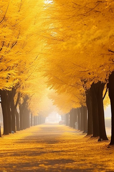 autumn,gyeonggi do,road,tree,fallen leaves,yellow,maple leaves,background,light,morning,fog,yeoju city,ginkgo tree,landscape,scenery,korea Best Scenery Wallpaper, Ginkgo Tree Landscape, Yellow Spring Road, Yellow Colour Wallpaper, Scenery Korea, Yellow Tree Wallpaper, Yellow Scenery, Golden Scenery, Morning Background