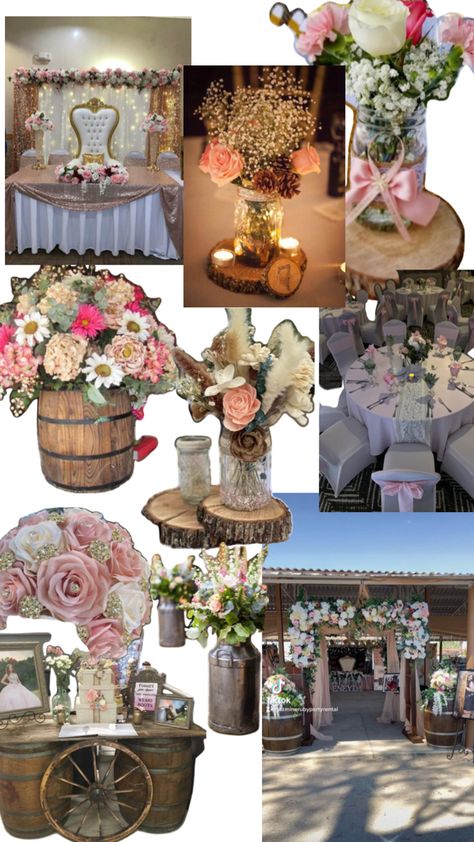 Vaquera Quinceanera Centerpieces, Quince Outdoor Ideas, Boho Chic Quinceanera Theme, Rancho Quinceanera Theme Pink, Small Backyard Quinceanera Ideas, Quince Rancho Theme, Cowgirl Quinceanera Ideas, Quince Set Up, Ranch Quinceanera Ideas