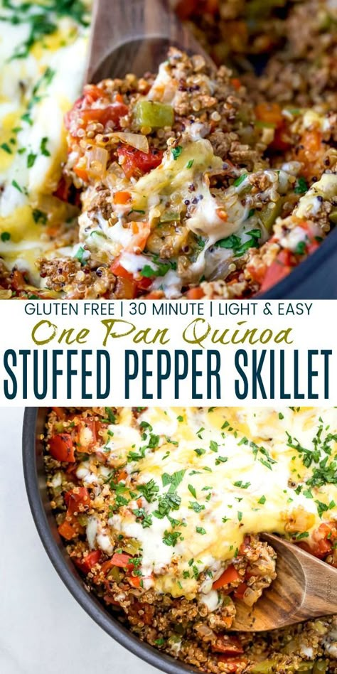 An Easy One Pot Quinoa Stuffed Pepper Casserole done in 30 minutes. This quick easy dinner has all the same flavors of a classic stuffed pepper recipe but with a healthy twist, made with quinoa, ground beef, peppers, Italian spices, fire roasted tomatoes and topped with cheese. A new family favorite! #casserolerecipes #stuffedpeppers #dinnerideas #beefrecipes Stuffed Pepper Skillet, Ground Beef Peppers, Pepper Recipes Healthy, Pepper Skillet, Stuffed Pepper Recipe, Pepper Casserole, Quinoa Stuffed Peppers, Stuffed Peppers Healthy, Stuffed Pepper Casserole