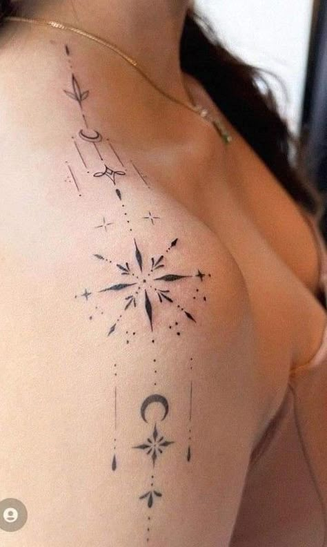 Star Sign Tattoos Virgo, Minimalist Shoulder Tattoos For Women, Feminine Shoulder Tattoos, Mandela Tattoo, Mystical Tattoos, Small Shoulder Tattoos, Tasteful Tattoos, Tattoos Geometric, Spine Tattoos For Women