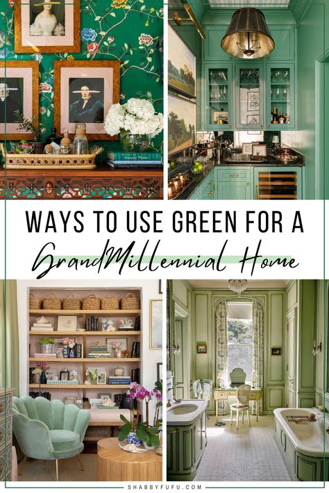 Not sure how to add the grandmillenial style to your home using green? In this post, we'll show amazing ideas and home interior designs that have nailed the grandmillenial style to a T. grandmillenial rugs | grandmillenial style living room pendant lights & chandeliers | traditional home decor Light Green Aesthetic Living Room, Dark Grandmillenial Style, Grand Millennial Living Room With Tv, Grandmillenial Style Foyer, Grandmillenial Decor Style, Grandmillenial Hallway, Traditional Green Living Room, Granny Millenial Decor, Mixing Greens In Decor