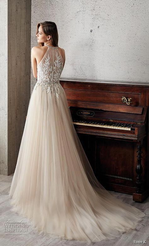 Halter Tulle Wedding Dress, Halter Neck Dress Back View, Halter Style Wedding Dresses, Tulle And Lace Wedding Dress, Wedding Gown Halter, Champagne Wedding Dress, Eddy K, Halter Wedding Dress, 2019 Couture