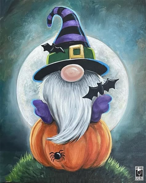 Halloween Gnome Halloween Gnome Painting, Gnome Painting Ideas, Gnome Paintings, Gnome Painting, Halloween Canvas Paintings, Gnome Paint, Paint Night Ideas, Gnome Pictures, Fall Canvas Painting