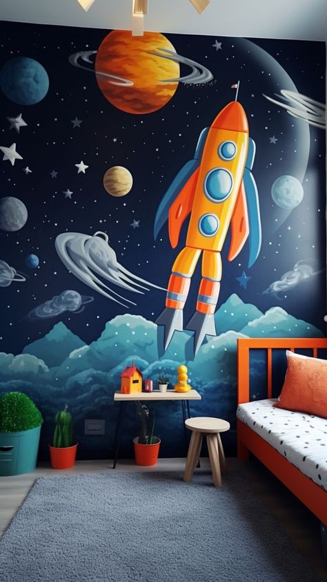 Kids Room Idea Space Wall Painting, Adventure Kids Room, Boys Space Bedroom, Outer Space Bedroom, Boys Room Mural, Kids Bedroom Furniture Design, Space Kids Room, Ideas Habitaciones, Creative Kids Rooms