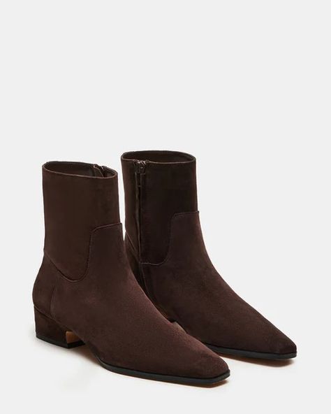 DUSTY Chocolate Brown Suede Ankle Bootie | Women's Booties – Steve Madden Brown Low Heel Boots, Chocolate Suede Boots, Brown Flat Ankle Boots Outfit, Brown Boots Outfit Ankle, Flat Ankle Boots Outfit, Dark Brown Boots Outfit, Casual Boots Outfit, Suede Brown Boots, Dark Brown Suede Boots