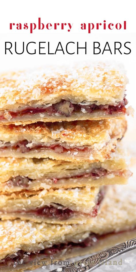 Jan 24, 2020 - My Raspberry Apricot Rugelach Bars are made like a classic rugelach recipe, but in an easier bar form. They're buttery, flakey, and delicious! #easy #recipe #rugelach #jewish #authentic #slab #bars #jam #nuts #hanukkah #pastry #pie #piebars Rugelach Recipe Easy, Raspberry Rugelach Recipe, Raspberry Rugelach, Meringue Bars, Rugelach Cookies, Apricot Bars, Rugelach Recipe, Rhubarb Bars, Island Recipes