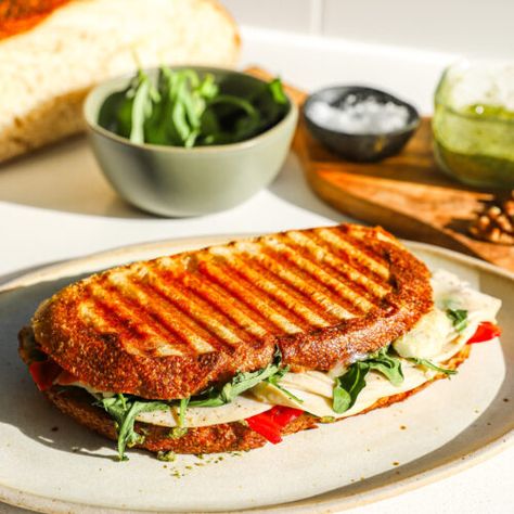 Loaded Chicken Pesto Panini - Rachael's Good Eats Rachel Good Eats, Sandwich Recipes Panini, Chicken Pesto Panini, Pesto Panini, Loaded Chicken, Cooking For Dummies, Chicken Fricassee, Swiss Chard Recipes, Salty Recipes