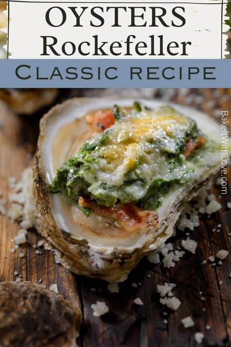 Baked Oyster Recipes, Oyster Rockefeller, Oyster Bake, Baked Oysters, Baked Seafood, Oysters On The Half Shell, Seafood Delight, Cooked Oysters, Oysters Rockefeller